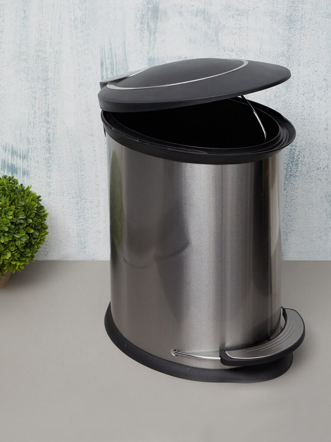 Home Centre Silver-Toned & Black Solid Pedal Dustbin 20L