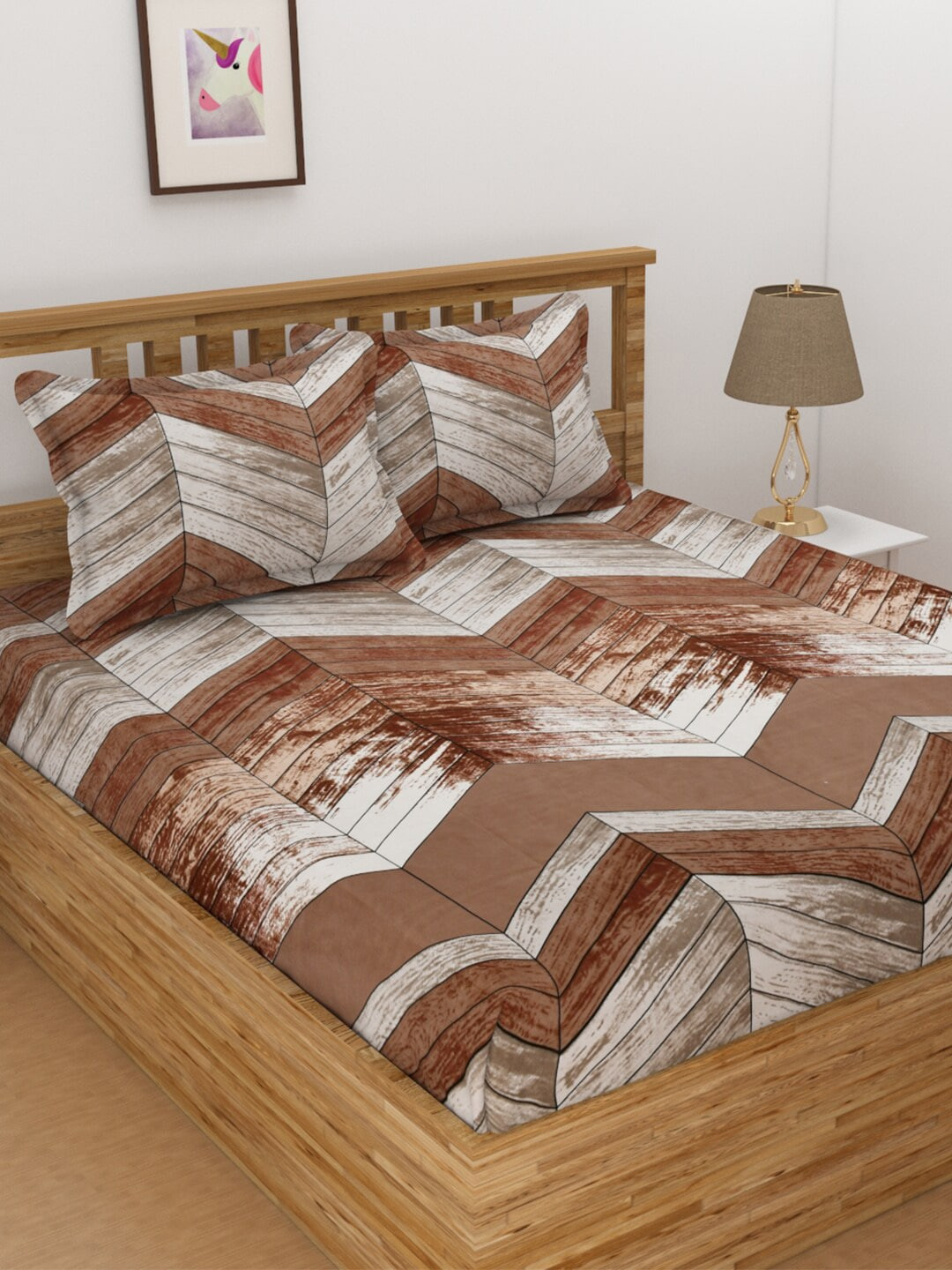 Florida Brown & White Geometric 144 TC King Bedsheet with 2 Pillow Covers