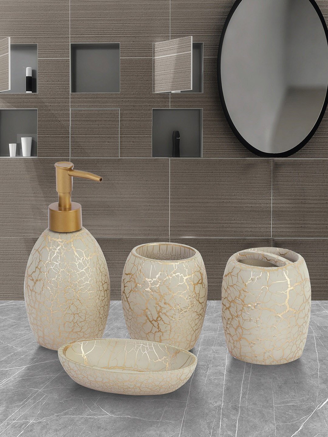 OBSESSIONS Set Of 4 Beige & Gold-Toned Printed Alvina Bathroom Accessories