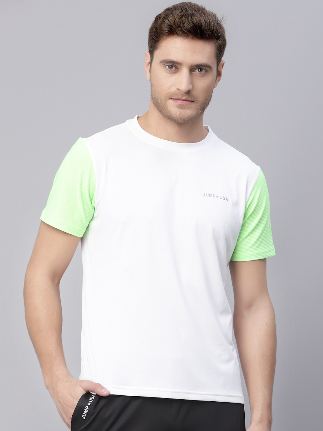 JUMP USA Men White & Fluorescent Green T-shirt