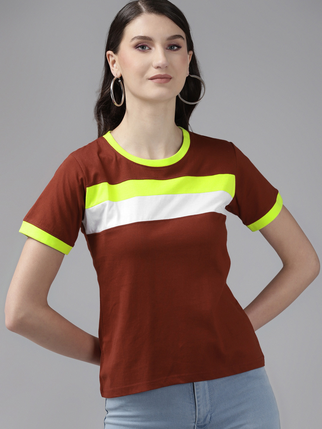 The Dry State Women Rust  White Colourblocked Pure Cotton T-shirt