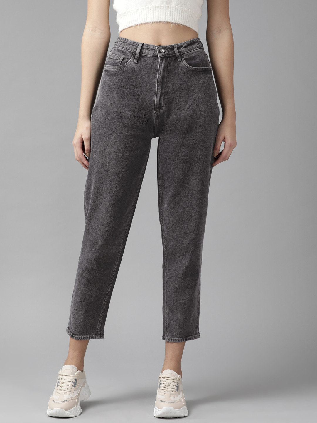 Roadster Women Charcoal High-Rise Light Fade Boyfriend Fit Stretchable Jeans