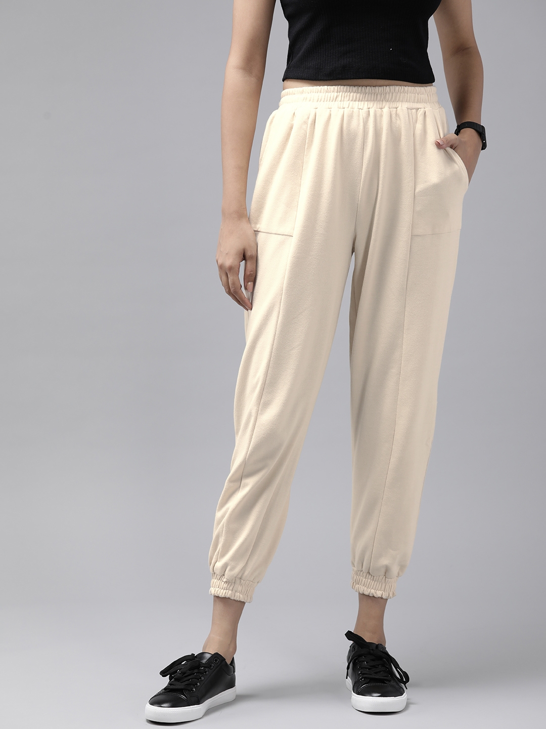 Buy Roadster Women Cream Coloured Solid Cropped Joggers - Track
