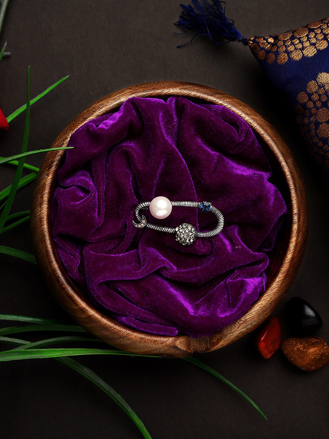 Mali Fionna Women Silver-Toned & Blue Stone-Studded Beaded Brooch Lapel Pin