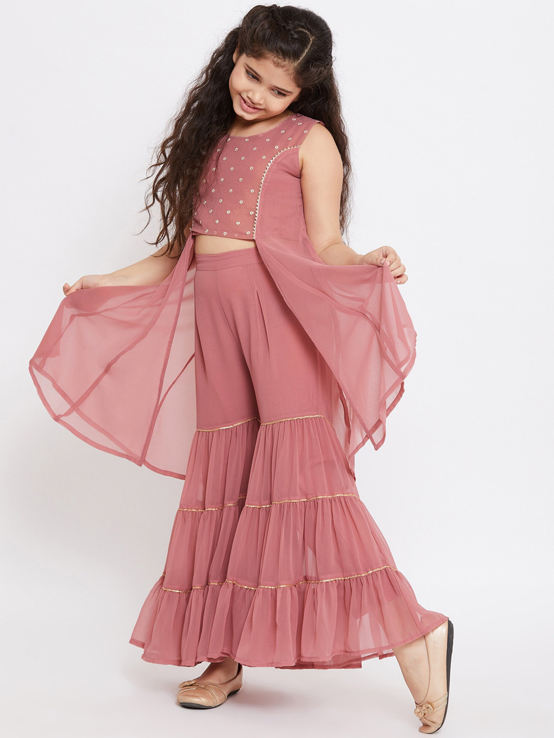 Stylo Bug Girls Pink Tiered Kurti with Sharara