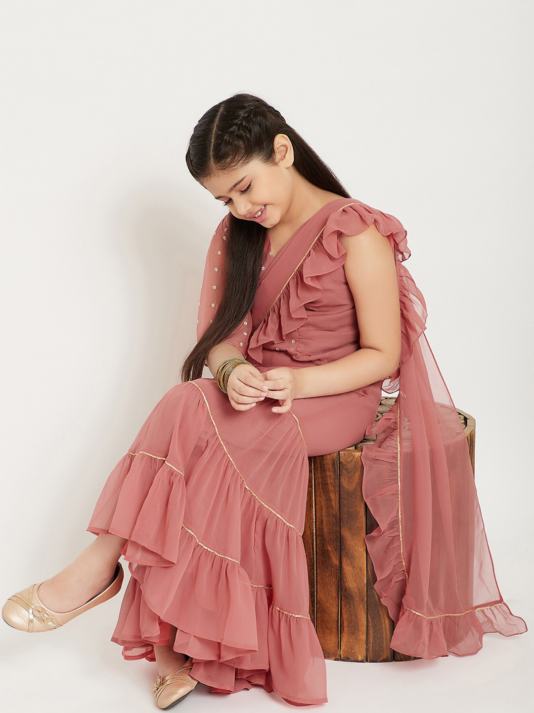 Stylo Bug Girls Peach-Coloured Top with Sharara & Dupatta