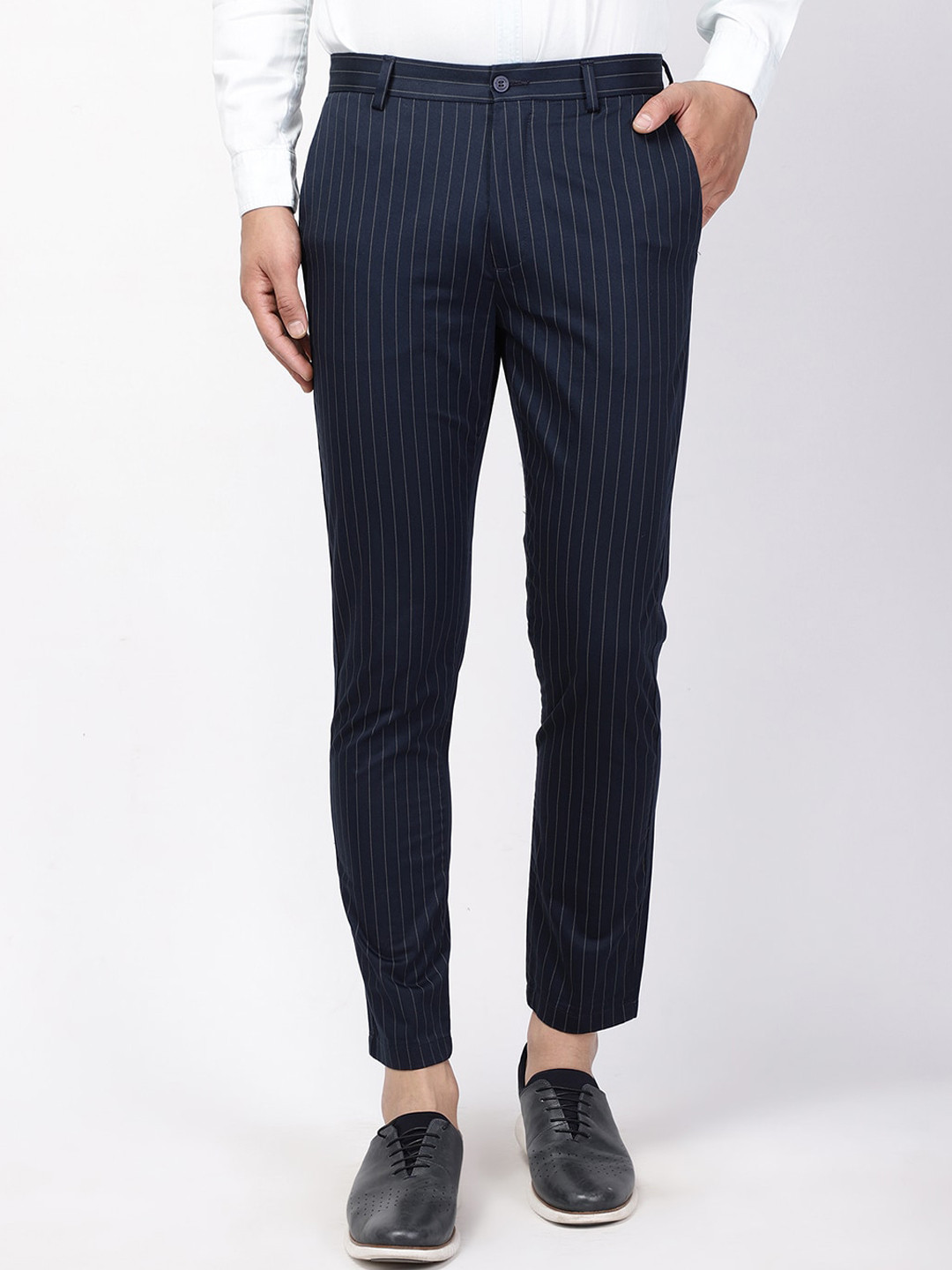 Blackberrys Men Navy Blue Striped Trousers