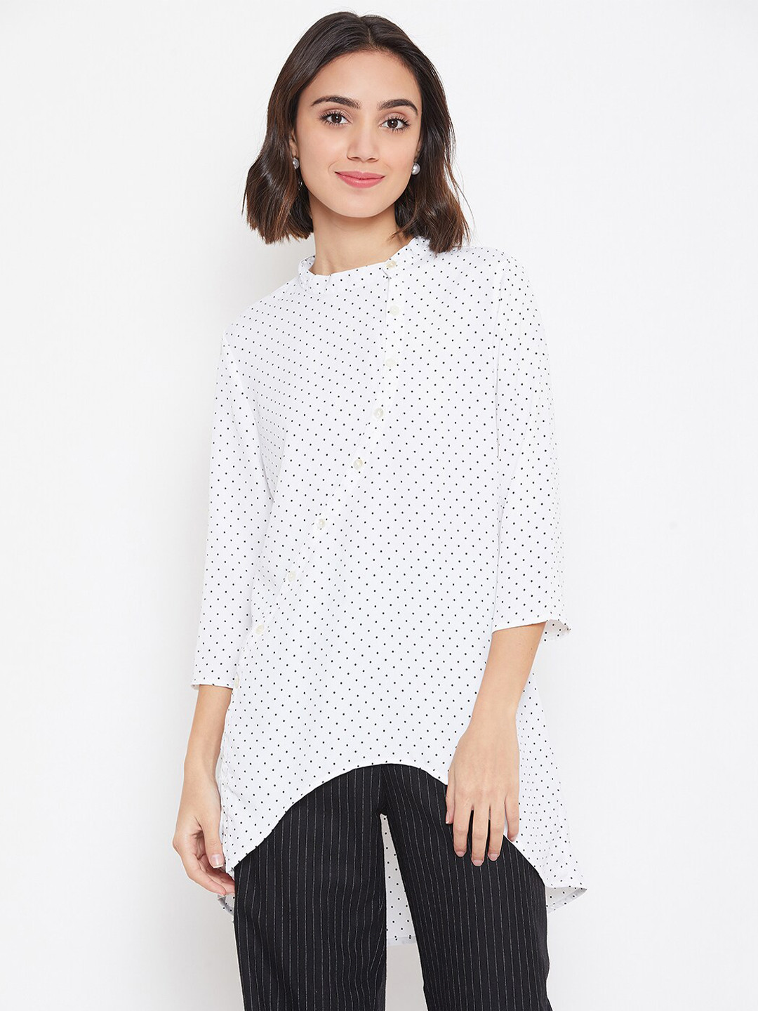 Ruhaans White & Black Mandarin Collar Printed Tunic