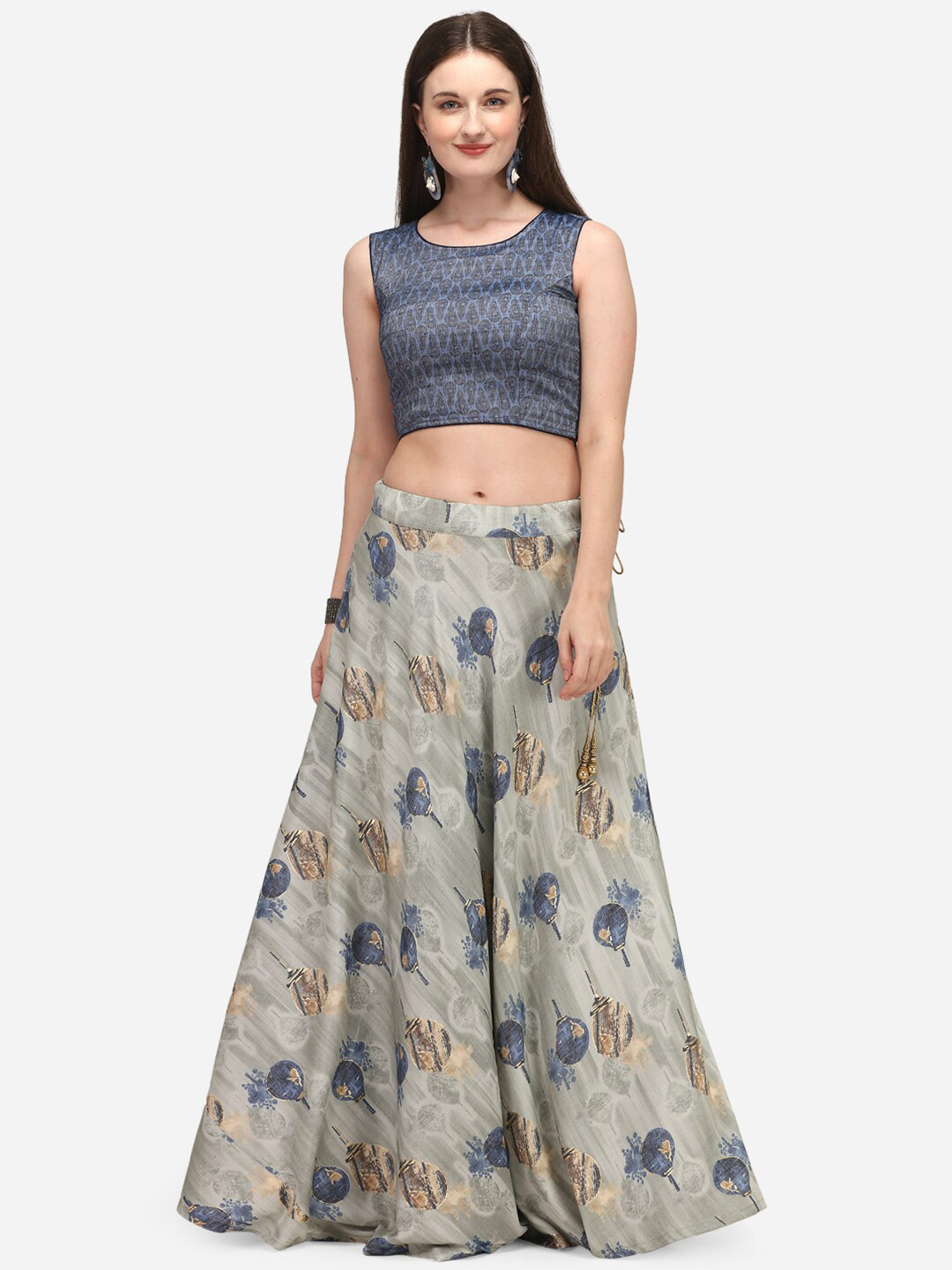 LEWAWAA Grey & Blue Printed Semi-Stitched Lehenga & Unstitched