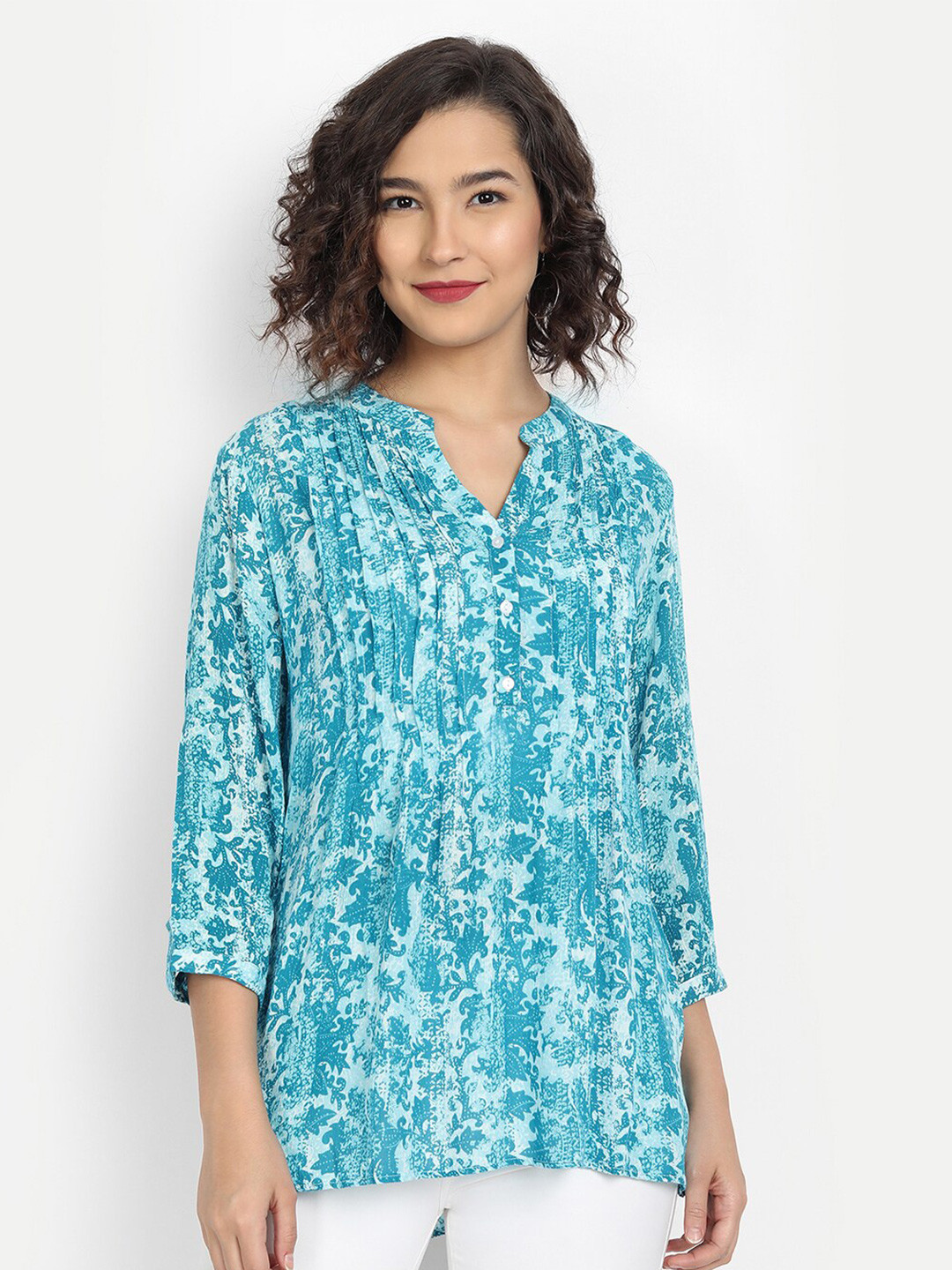 IX IMPRESSION Turquoise Blue & White Mandarin Collar Shirt Style Top