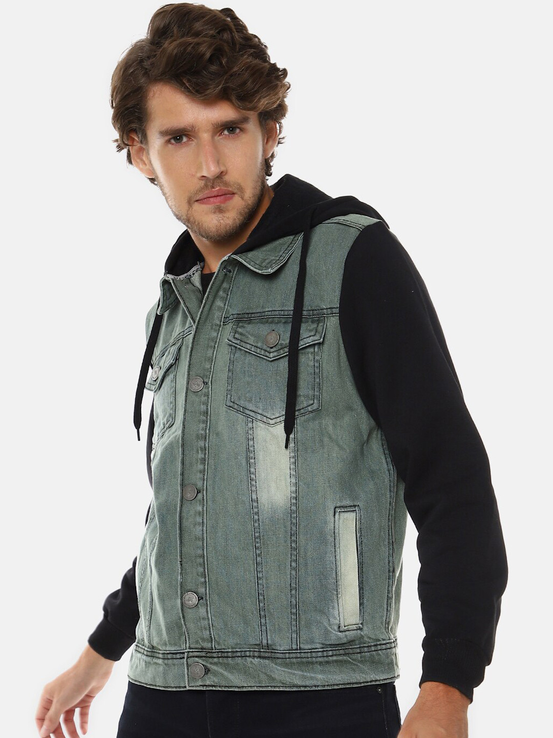 Campus Sutra Men Grey & Black Colourblocked Windcheater Denim Jacket