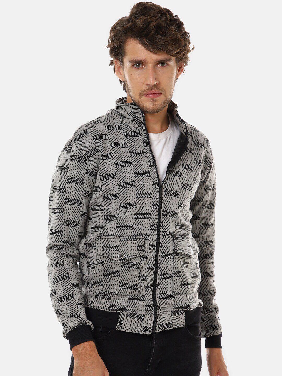 Campus Sutra Men Grey Black Checked Outdoor Biker Jacket