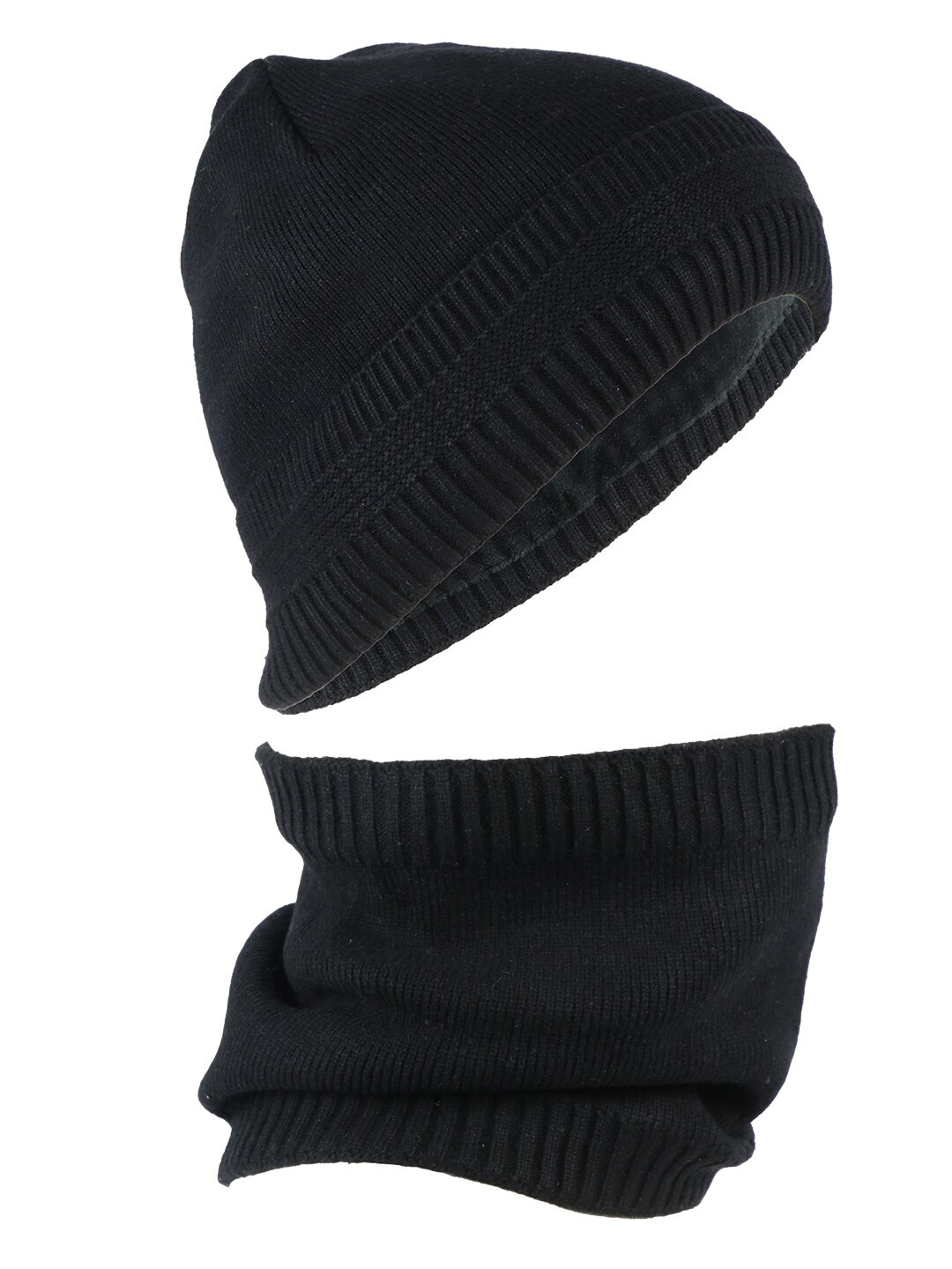iSWEVEN Black Woolen Beanie with Neck Warmer Scarf
