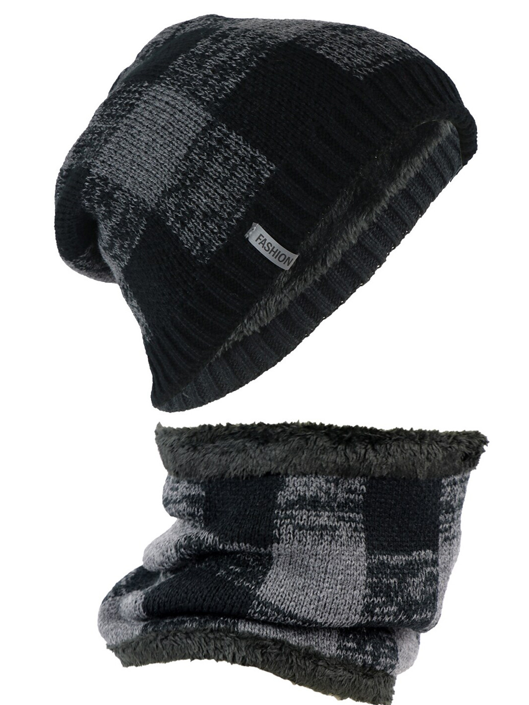 iSWEVEN Black & Grey Colourblocked Woolen Beanie with Neck Warmer
