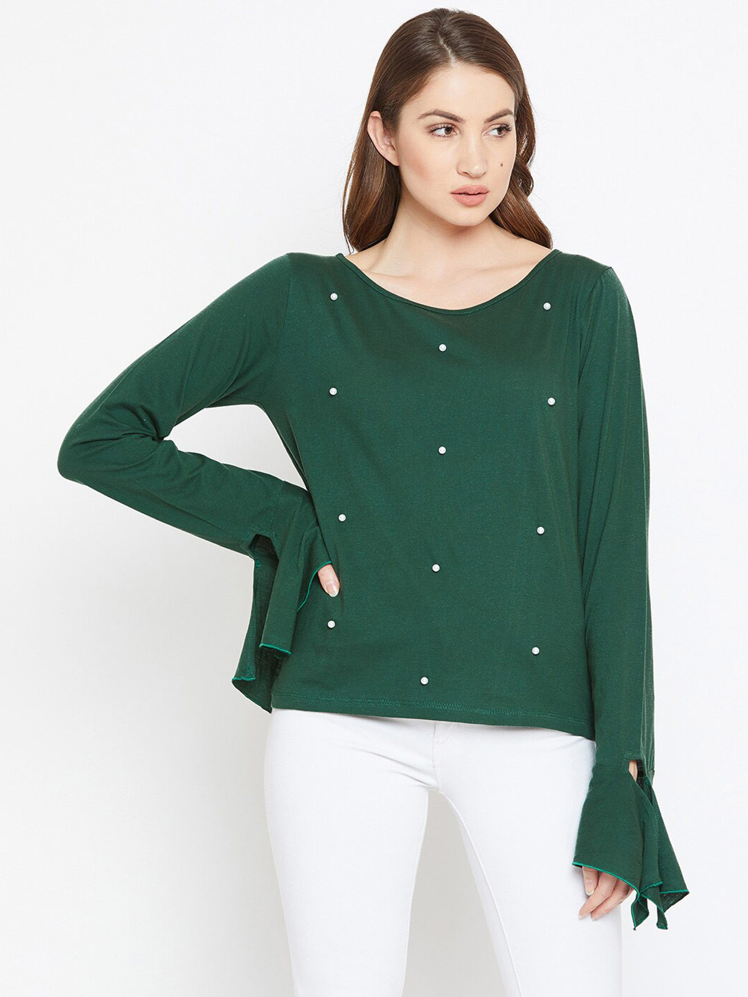 Zastraa Women Green Pearls Embellished Regular Top