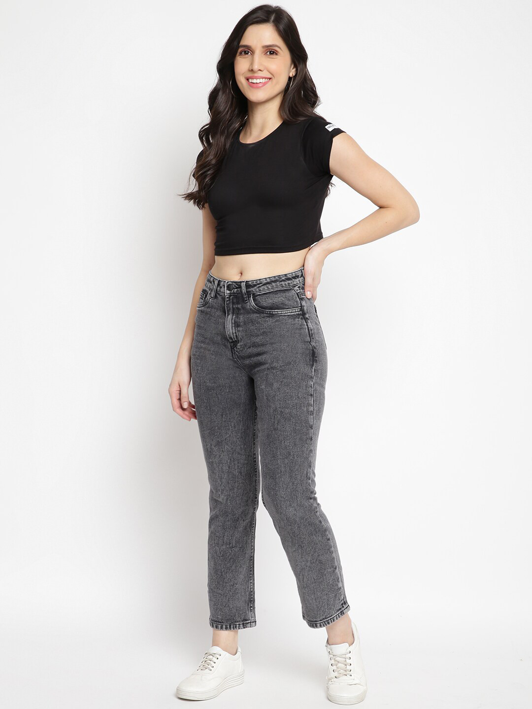 TALES & STORIES Women Charcoal Grey Heavy Fade Cropped Denim Jeans