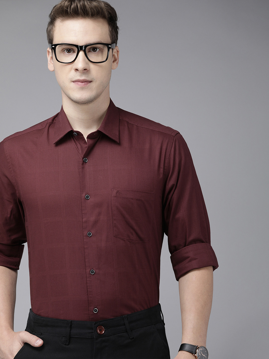 Arrow New York Men Maroon Slim Fit Self Checked Smart Casual Shirt