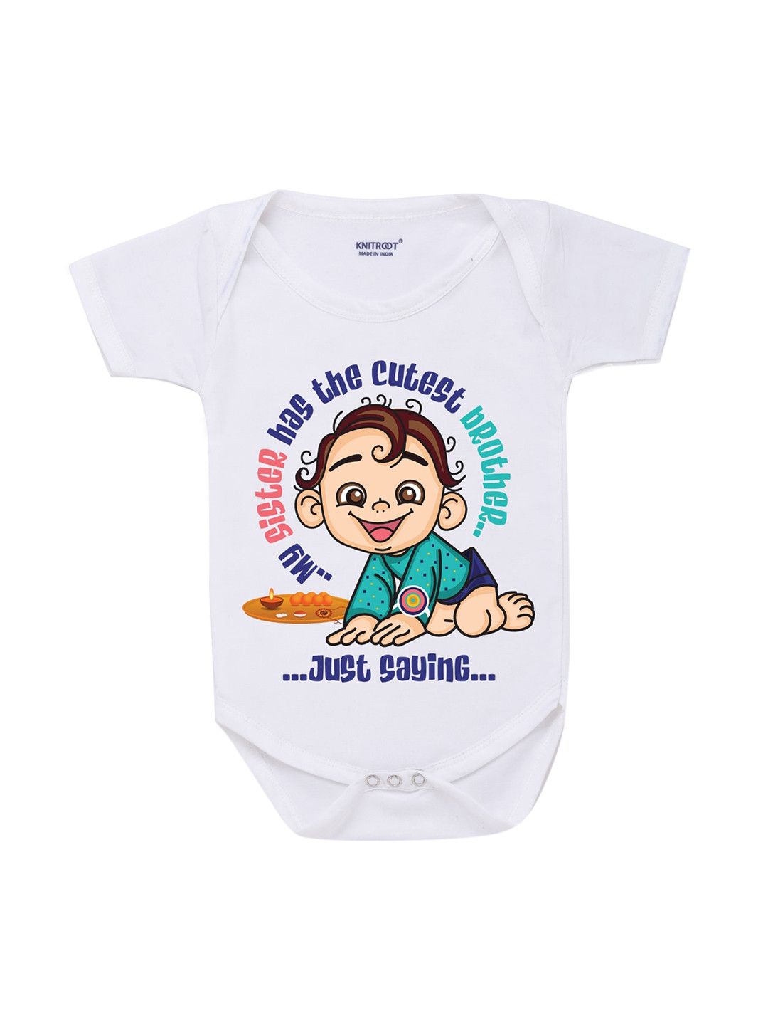 KNITROOT Infants Kids White & Blue Cutest Brother Printed Cotton Bodysuit