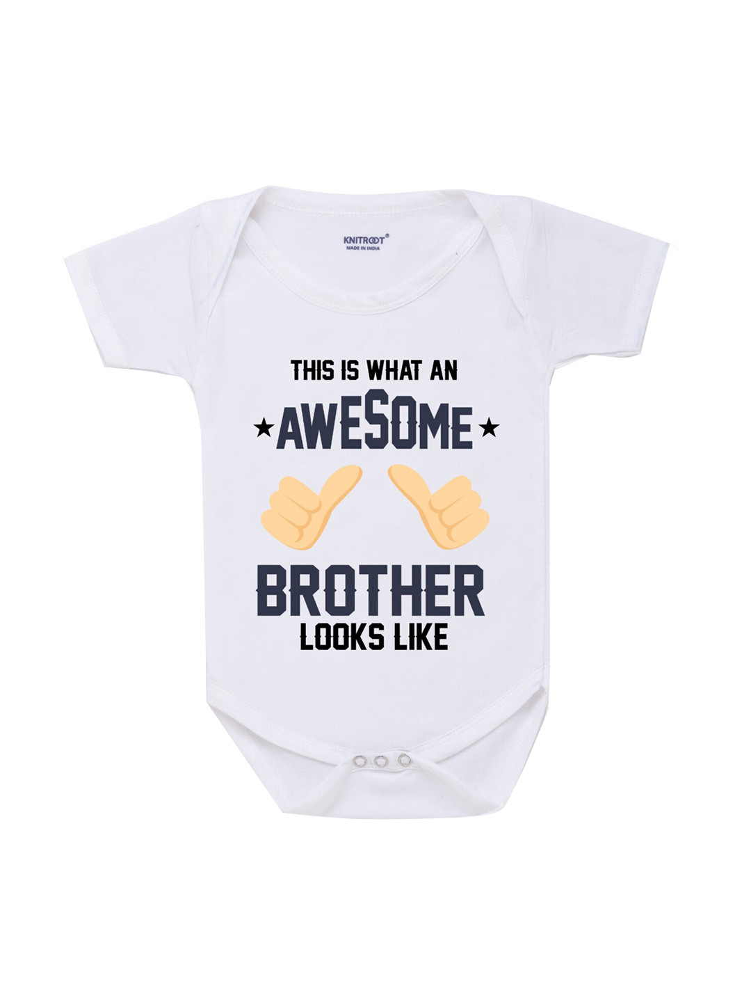 KNITROOT Infant Kids White & Navy Blue Awesome Brother Printed Cotton Bodysuit