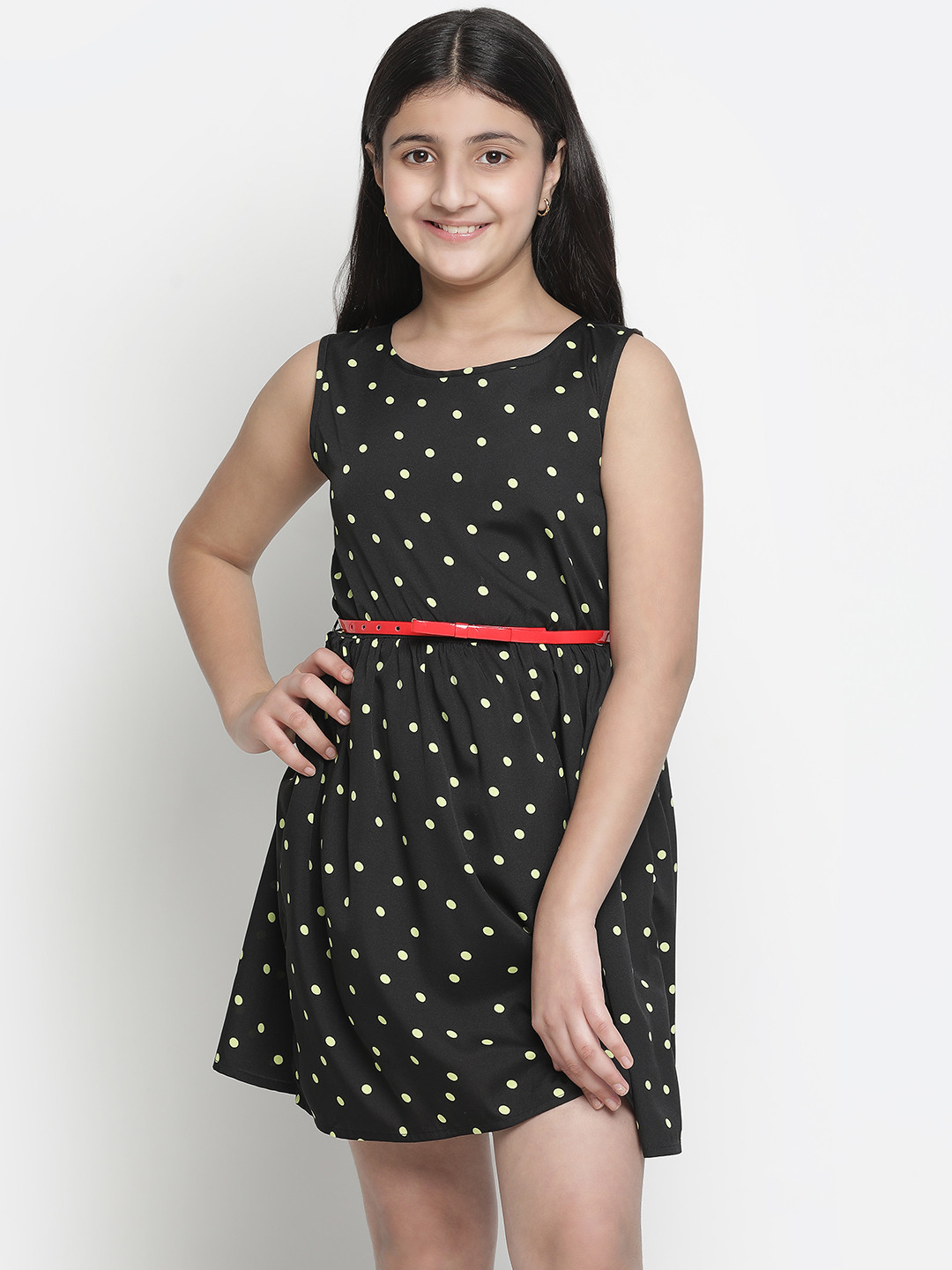 Oxolloxo Girls Black & Off White Polka Dot Printed Satin Dress