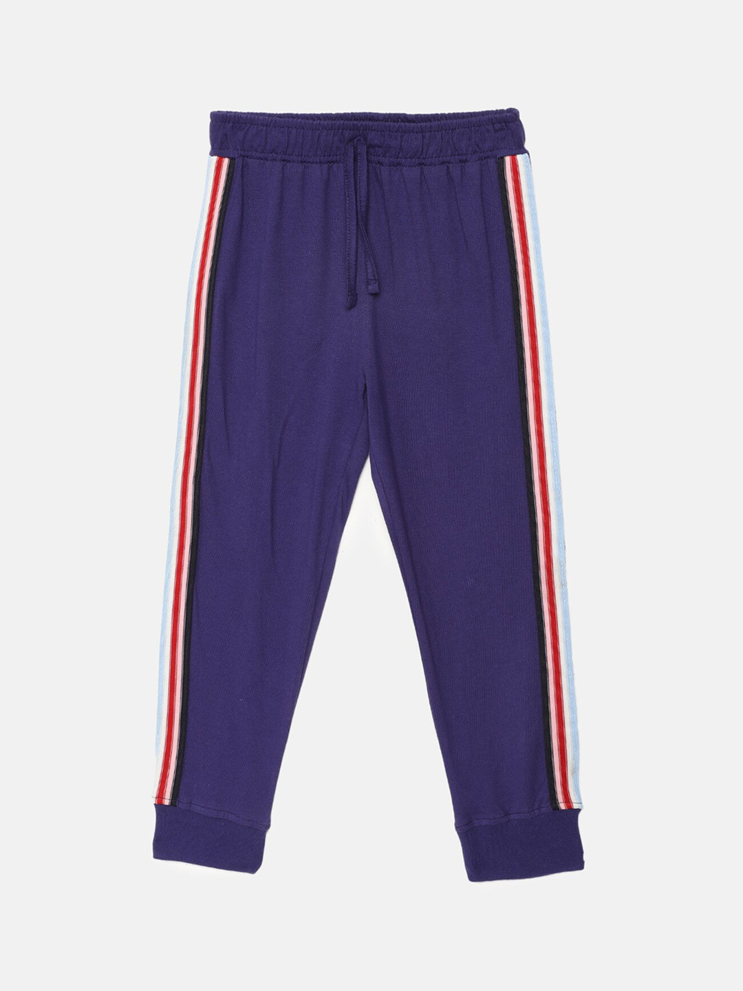 mackly Girls Navy Blue Cotton Lounge Pants with Striped Detail