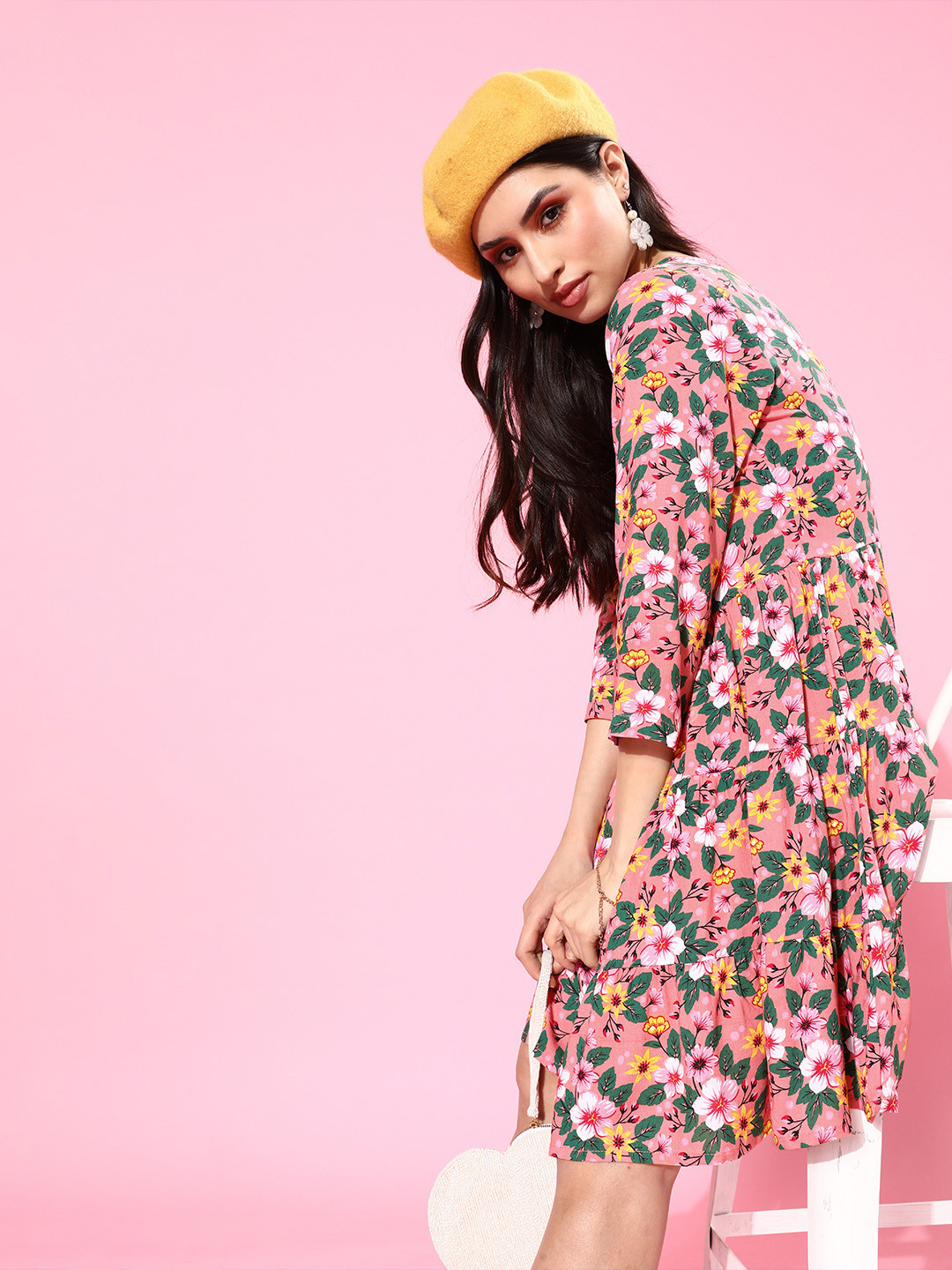 plusS Women Pretty Pink Floral Knee Length Dress