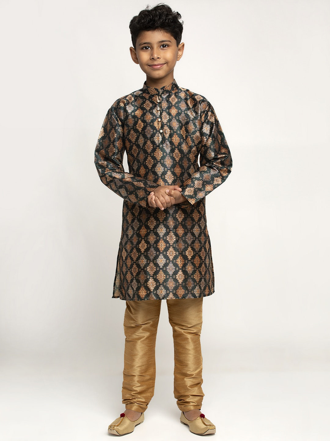 KRAFT INDIA Boys Green & Gold Ethnic Motifs Printed Silk Kurta with Pyjamas