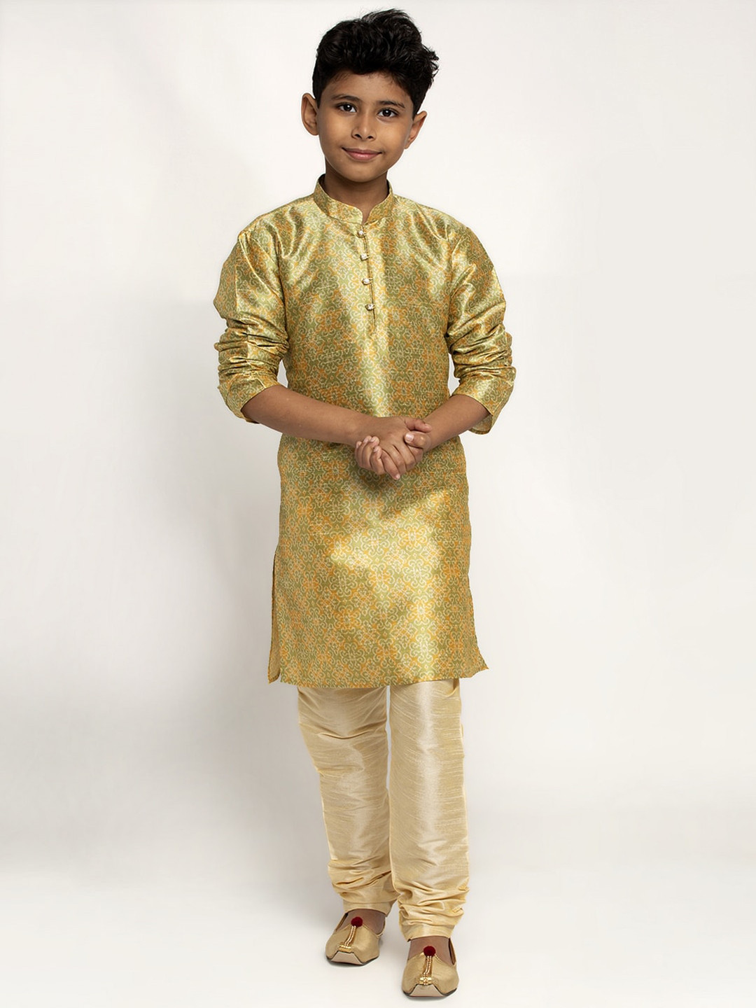 KRAFT INDIA Boys Green & Gold Ethnic Motifs Printed Silk Kurta with Churidar