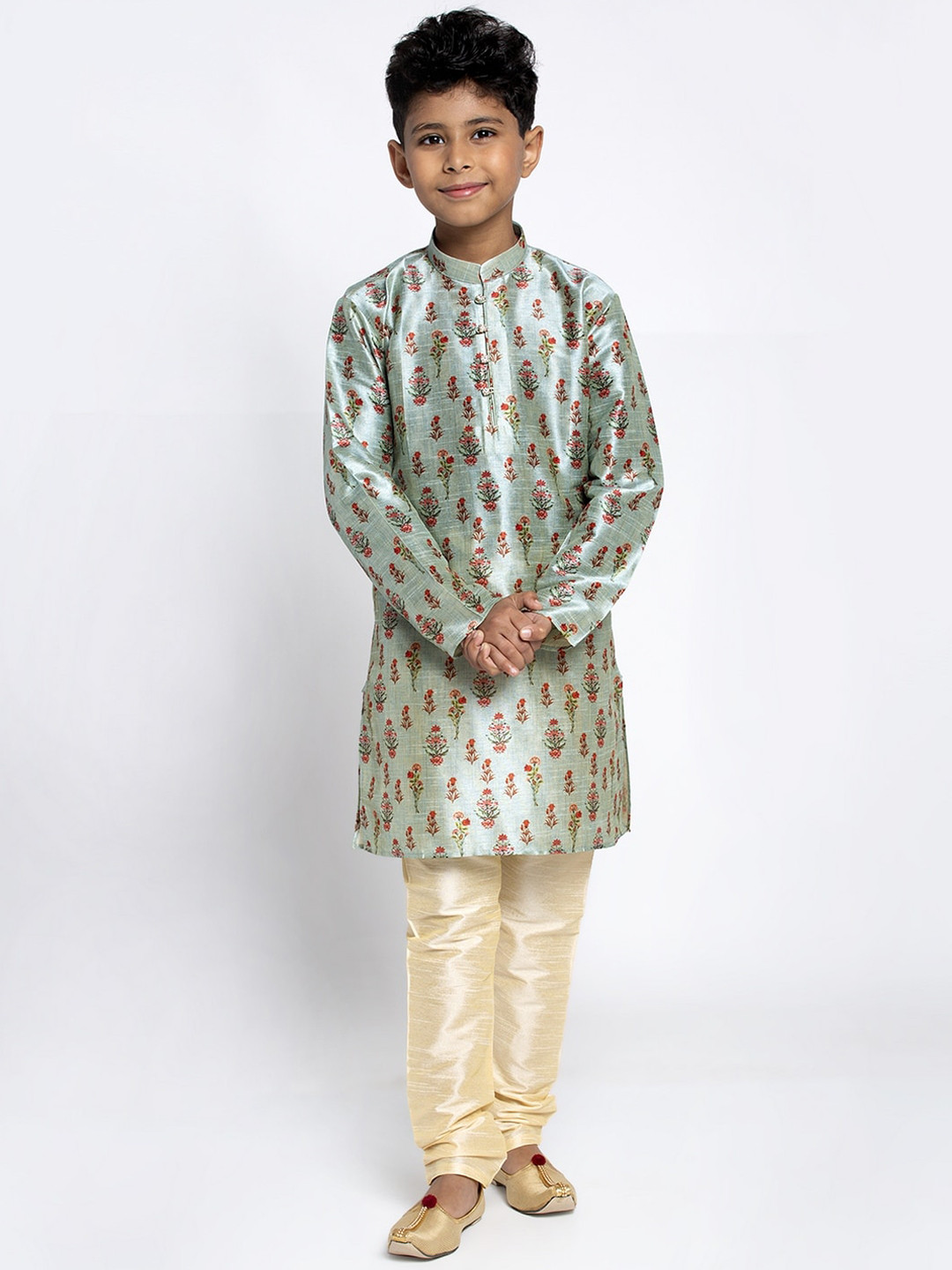 KRAFT INDIA Boys Blue Floral Printed Silk  Kurta with Pyjamas