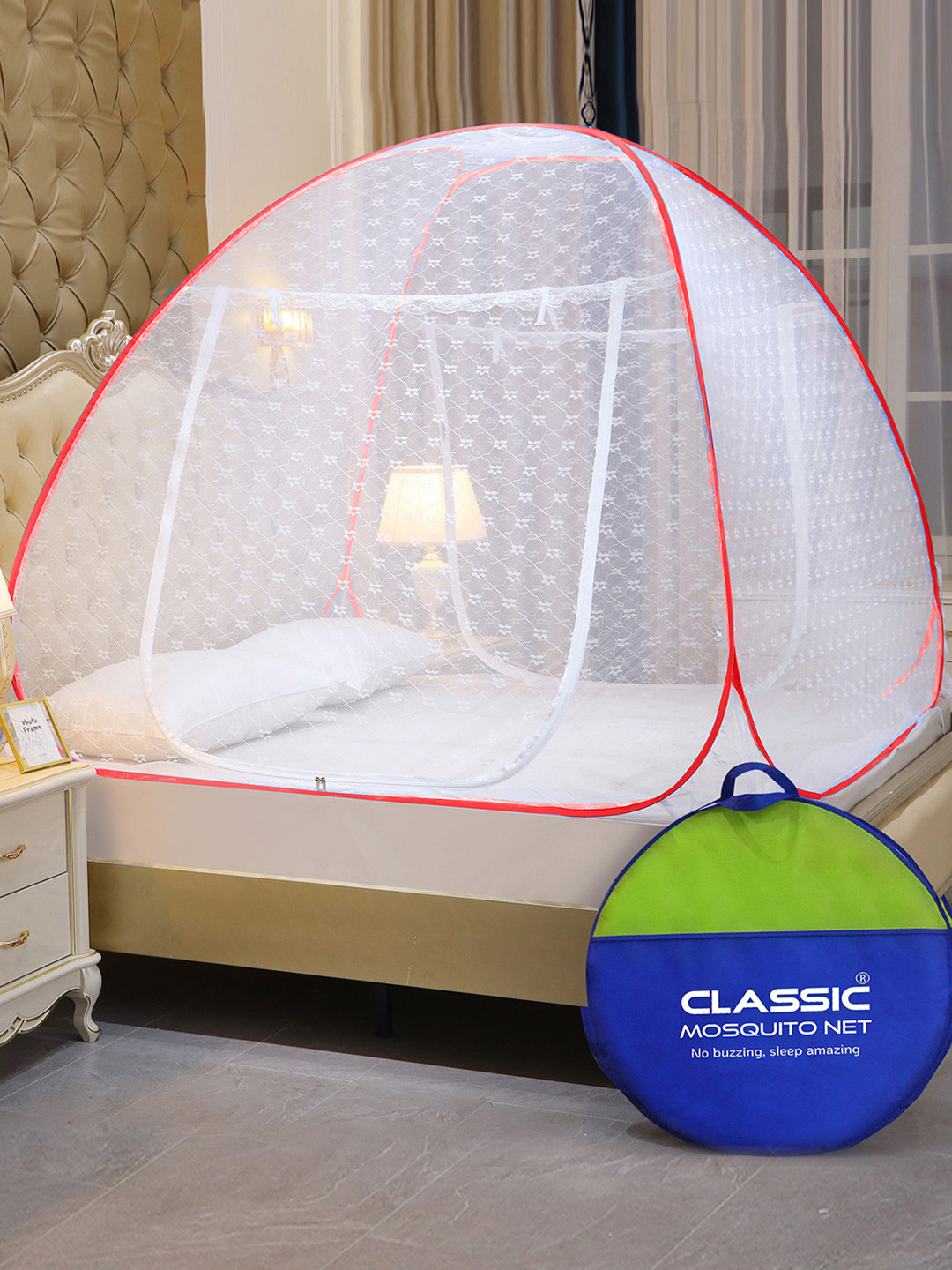 Classic Mosquito Net White & Red Jaquared Queen Size Mosquito Net With Bag