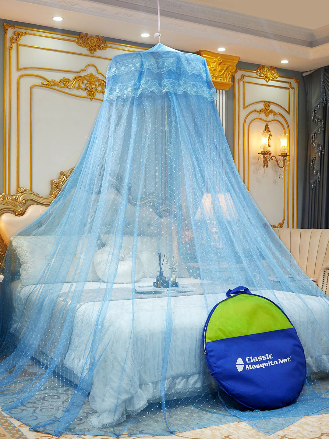 Classic Mosquito Net Blue Patterned King Size Hanging Mosquito Net With Bag