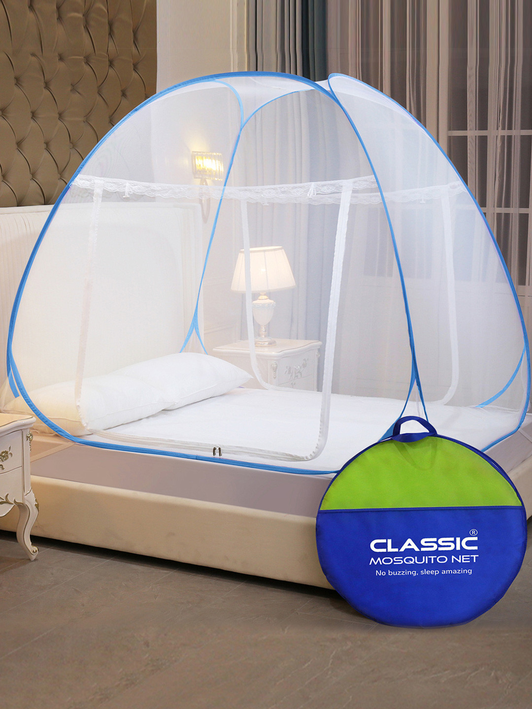 Classic Mosquito Net White & Blue Sheer Queen Size Double Bed Mosquito Net