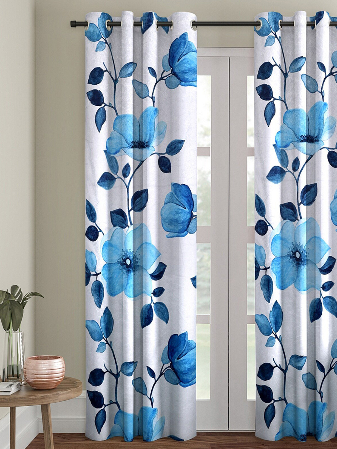 ROMEE White & Blue Floral Room Darkening Door Curtain