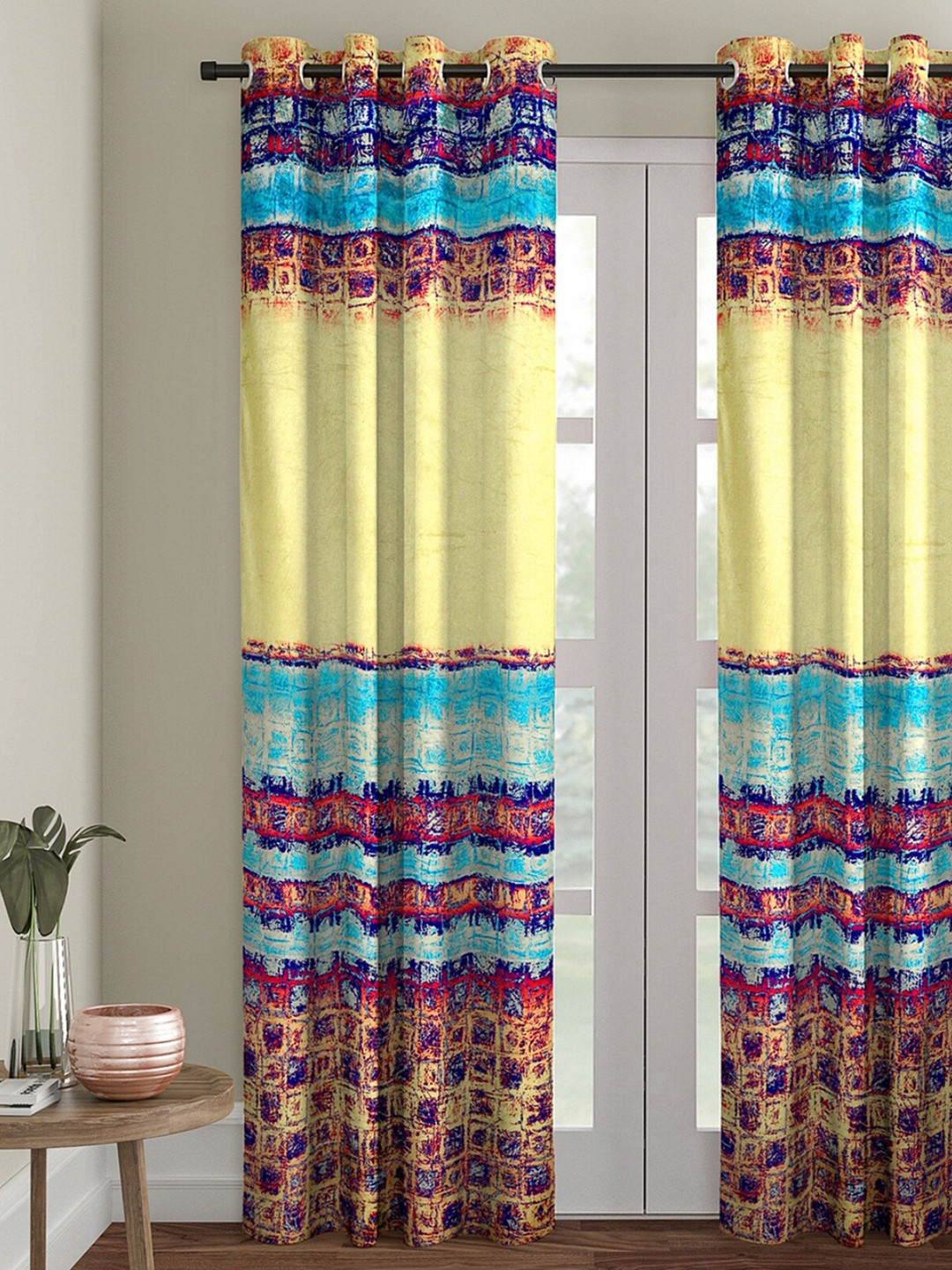 ROMEE Cream-Coloured & Blue Room Darkening Door Curtain