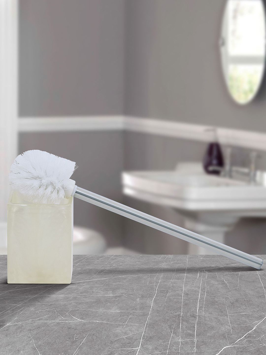 OBSESSIONS Off-White & Silver-Toned Solid Polyresin Spaze Toilet Brush With Holder
