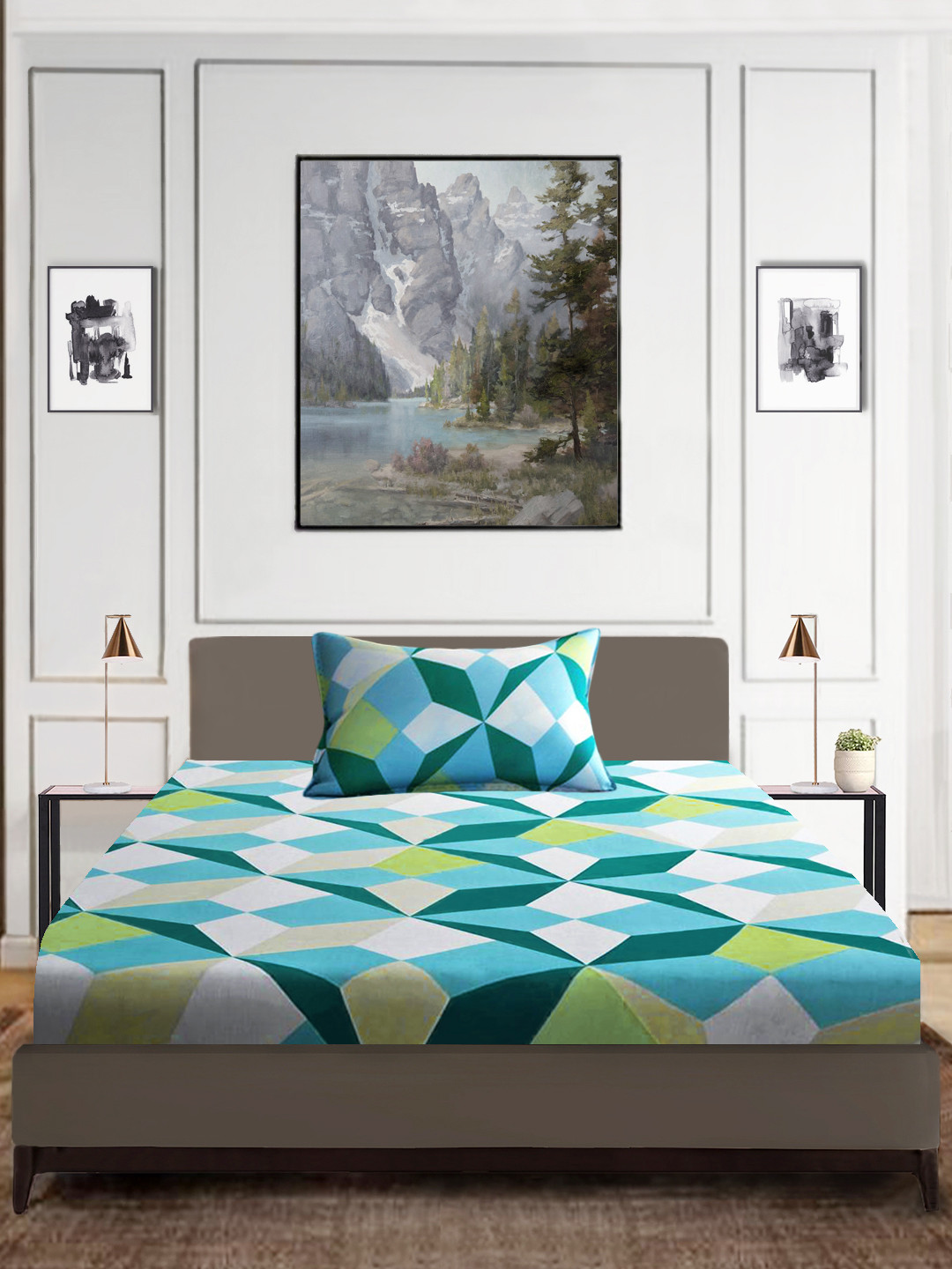 Good Homes by Home Candy Green & White 144 TC Single Bedsheet with 1 Pillow Cover