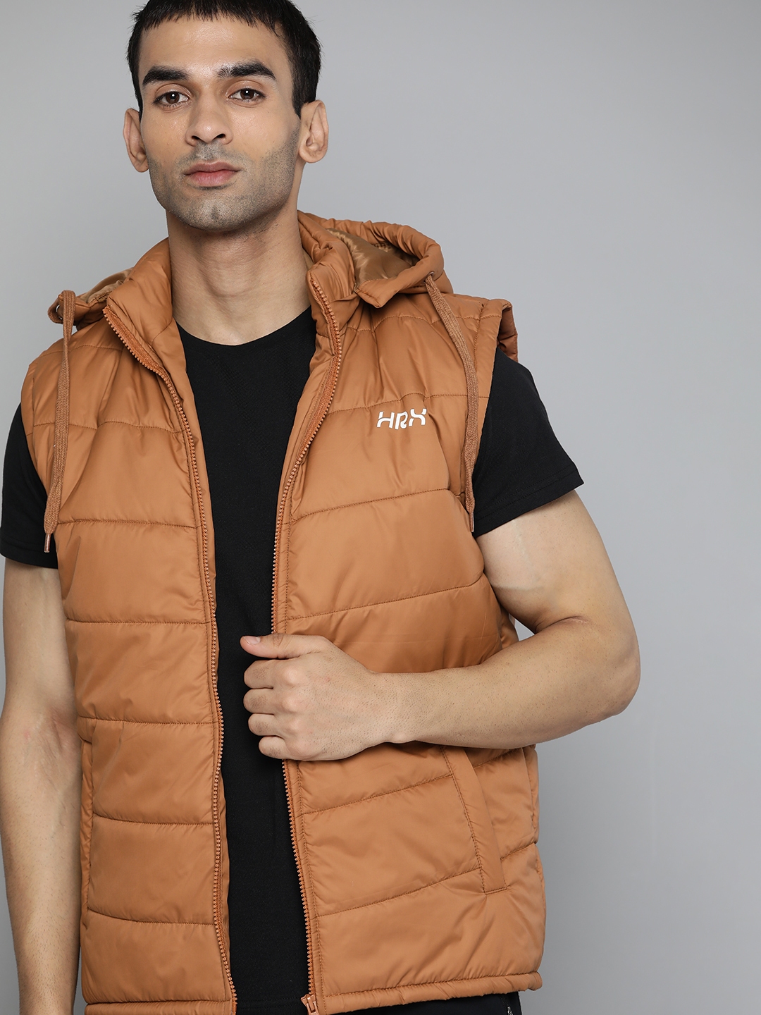 HRX by Hrithik Roshan Men Brown Brand Logo Print Detail Detachable Hood Padded Jacket