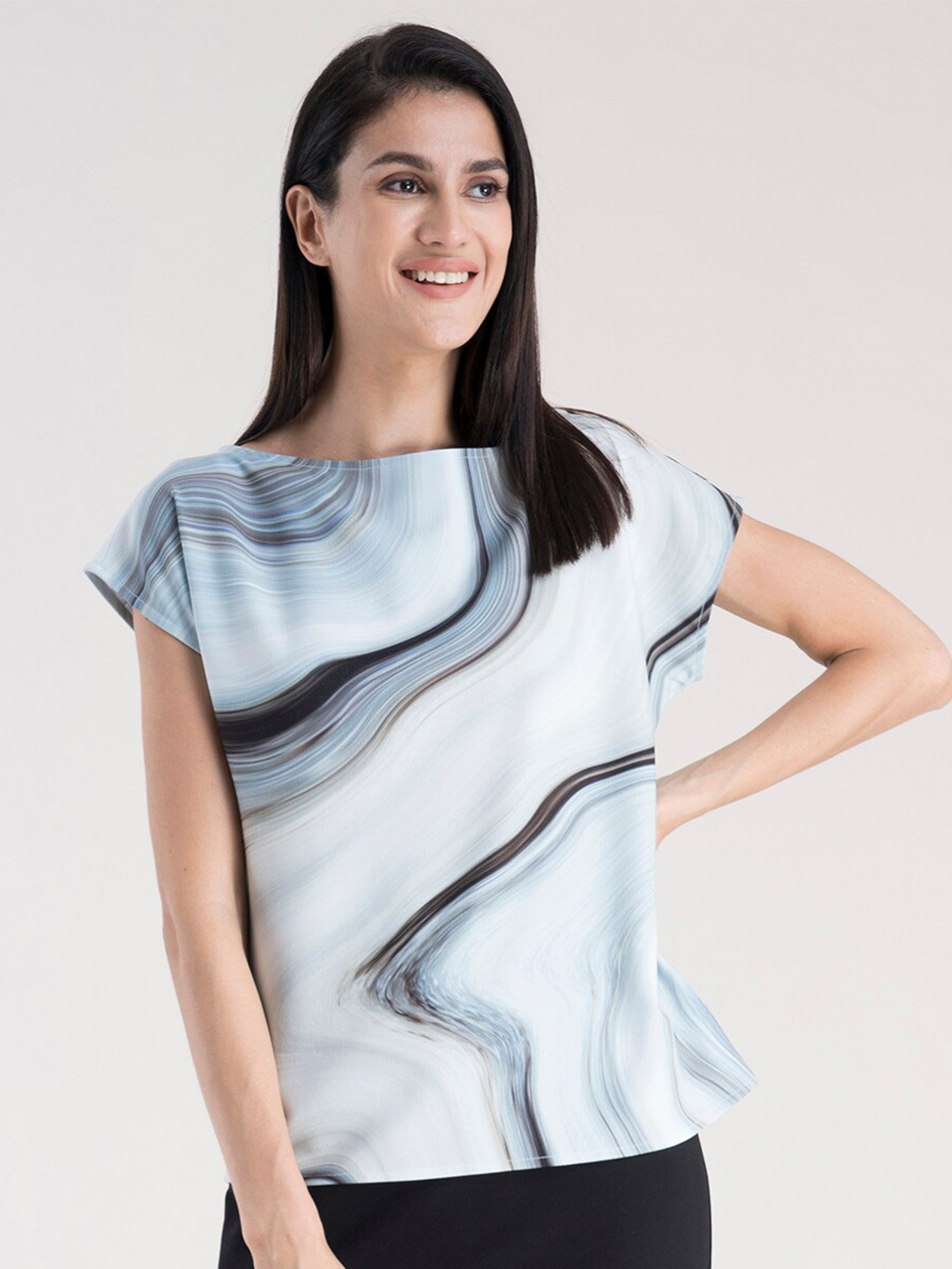 FableStreet Blue Printed Extended Sleeves Regular Top