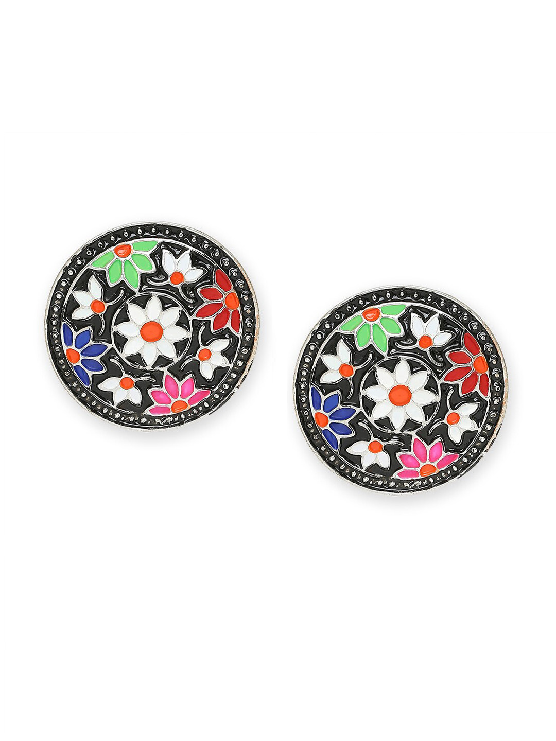 Mahi Women Black Rhodium-Plated Meenakari Work Enamelled Floral Studs Earrings