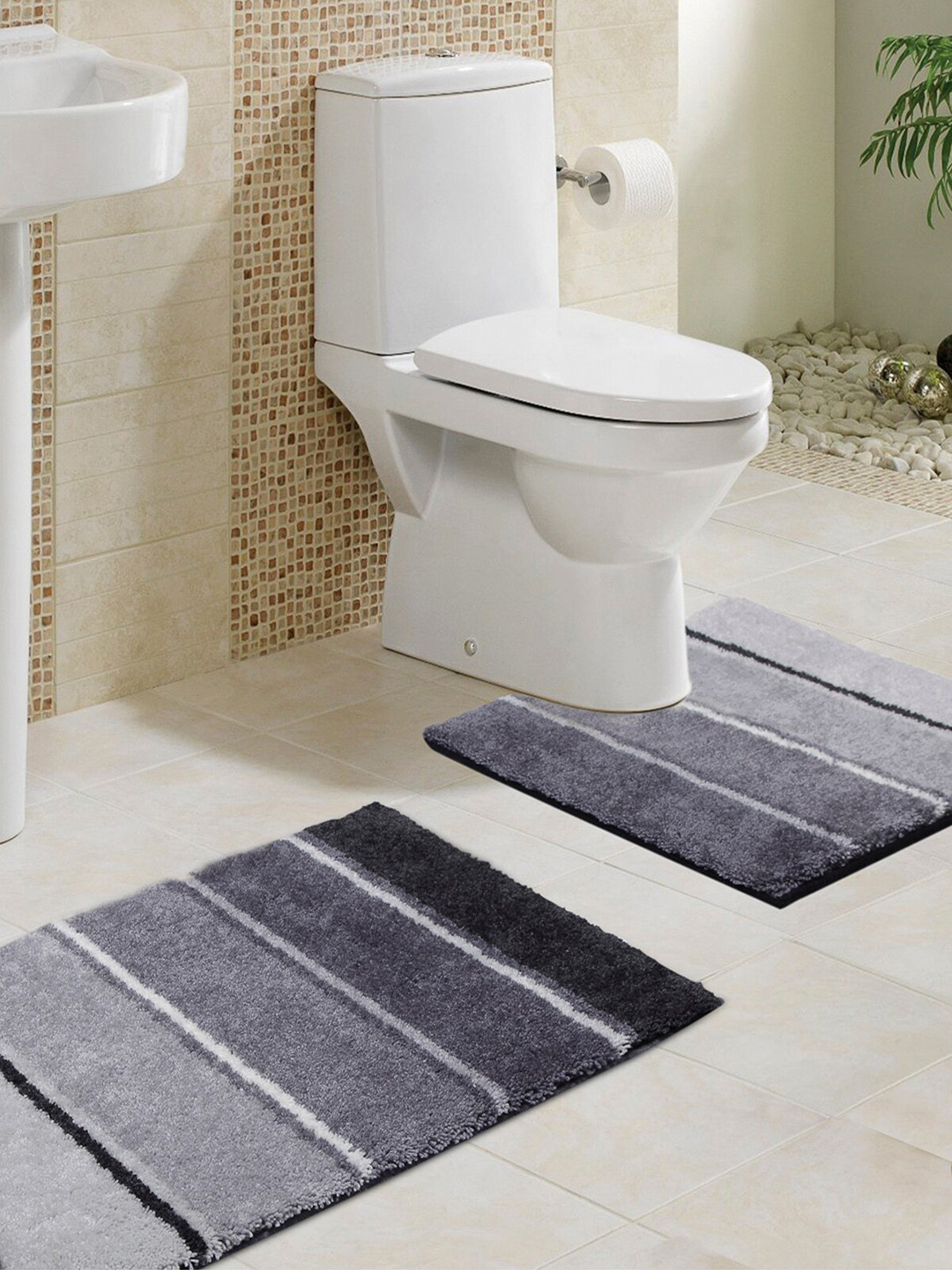 OBSESSIONS Grey Anti-Skid 1780 GSM Bath Rug With Contour Rug