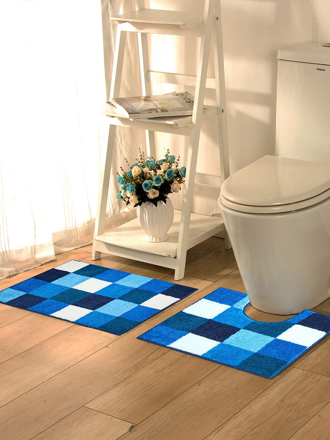 OBSESSIONS Blue & White Checked 1780 GSM Bona Bath Rug With Contour Mat