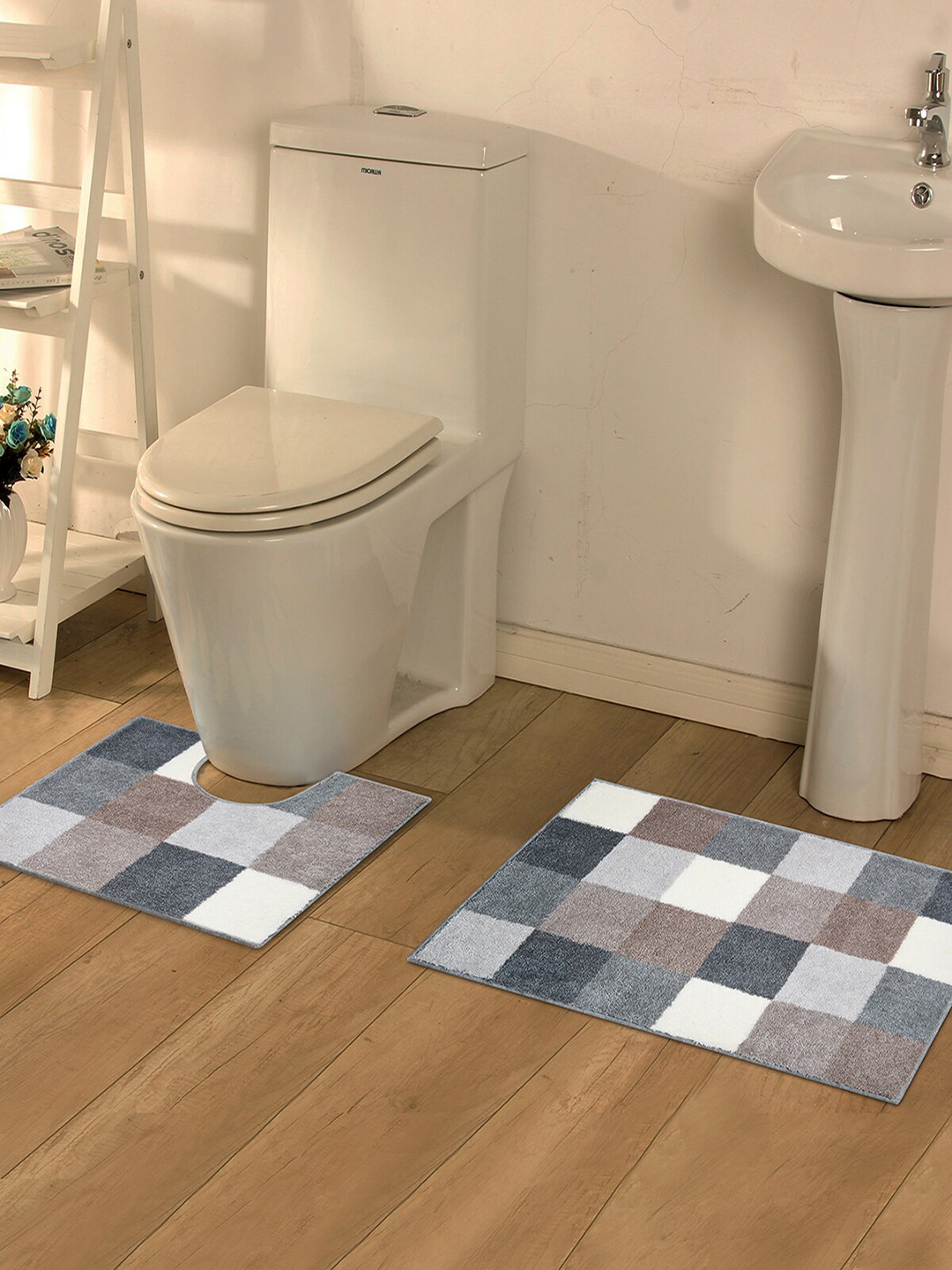 OBSESSIONS Grey & Brown Checked 1780 GSM Bona Bath Rug With Contour Rug