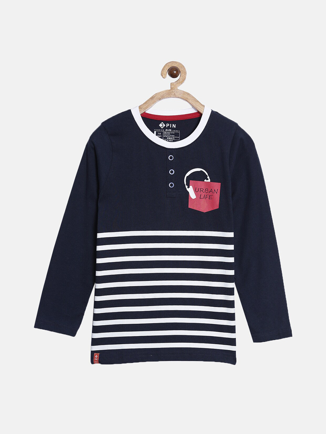 3PIN Kids-Boys Navy Blue Striped T-shirt