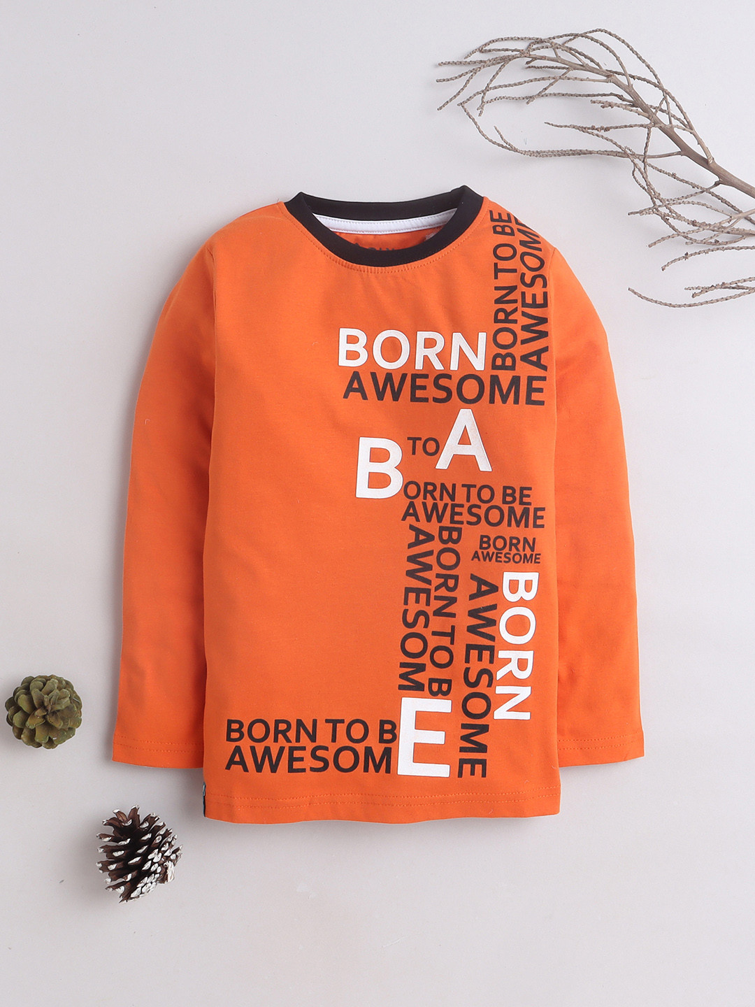 3PIN Kids-Boys Orange & Black Typography Printed T-shirt