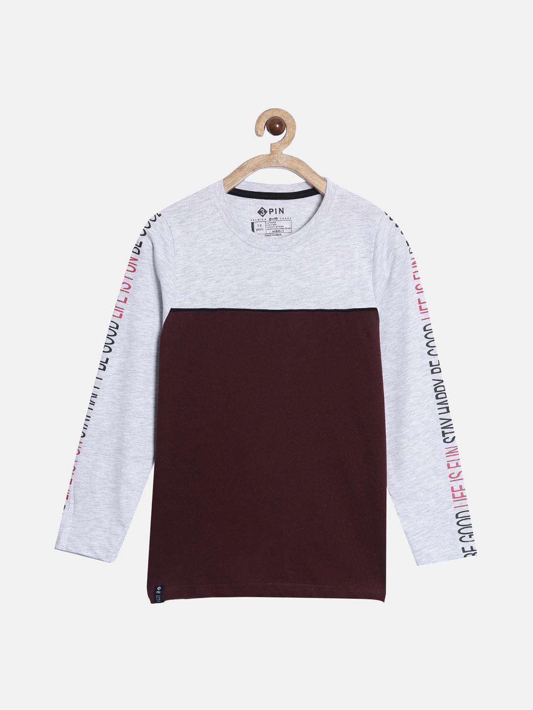 3PIN Kids-Boys Off White & Maroon Colourblocked T-shirt