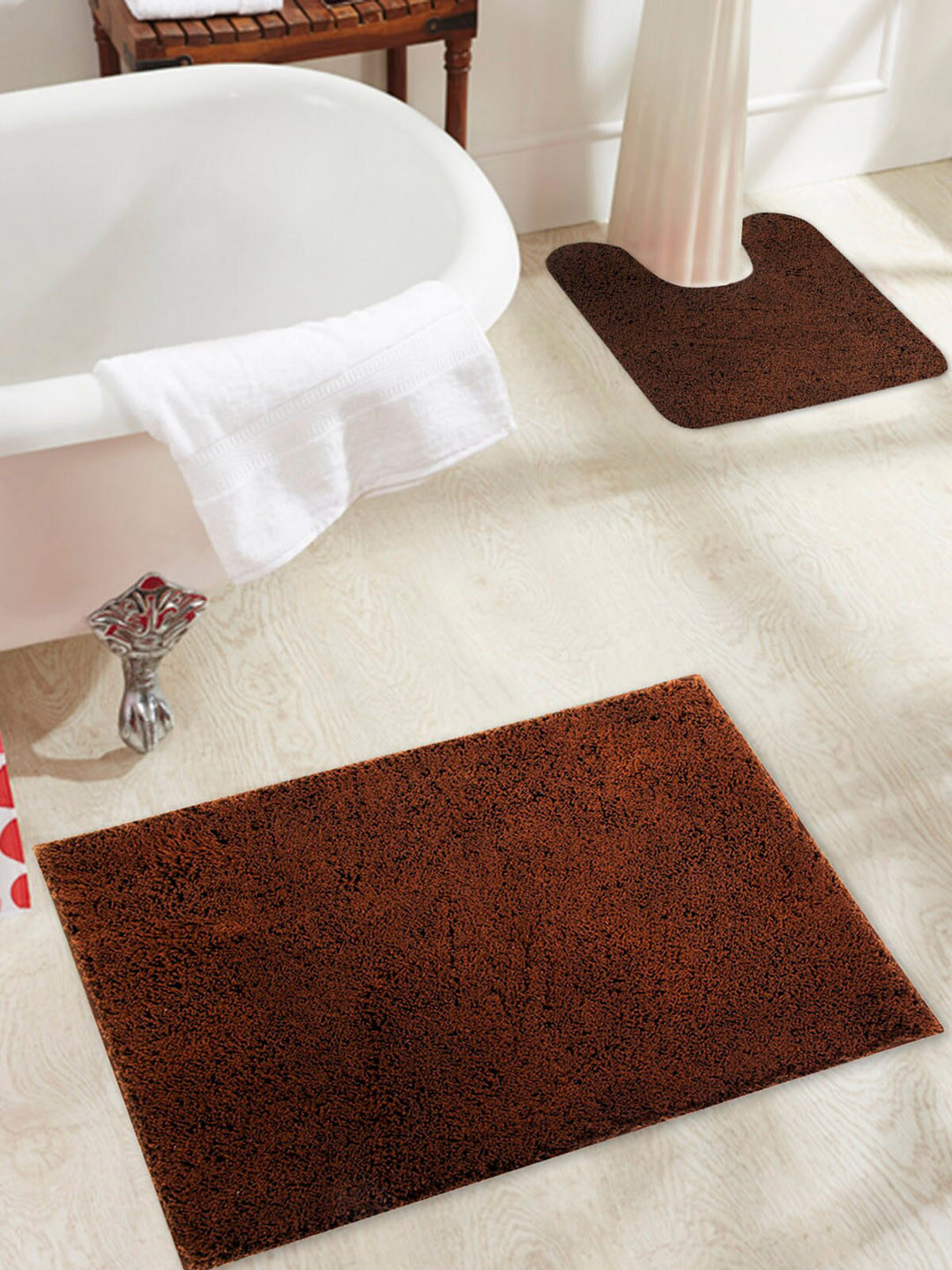 OBSESSIONS Brown Solid Pure Cotton Bath Rug With Contour Mat