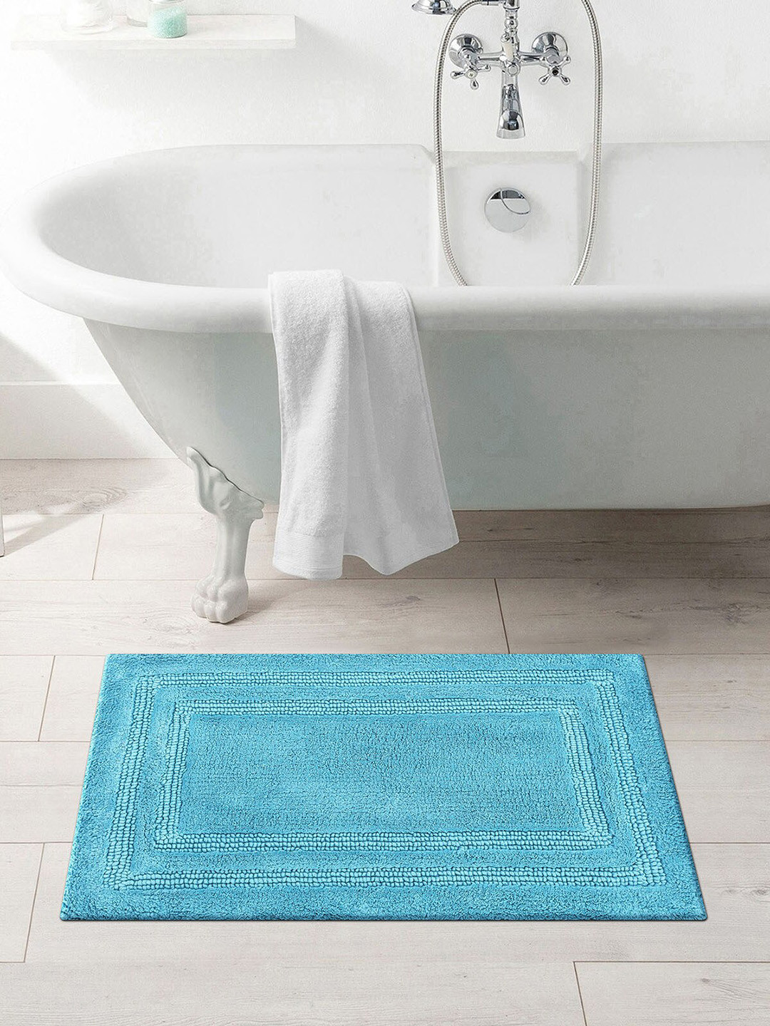 OBSESSIONS Turquoise Blue Solid Casanova Pure Cotton Anti-Skid Bath Rug