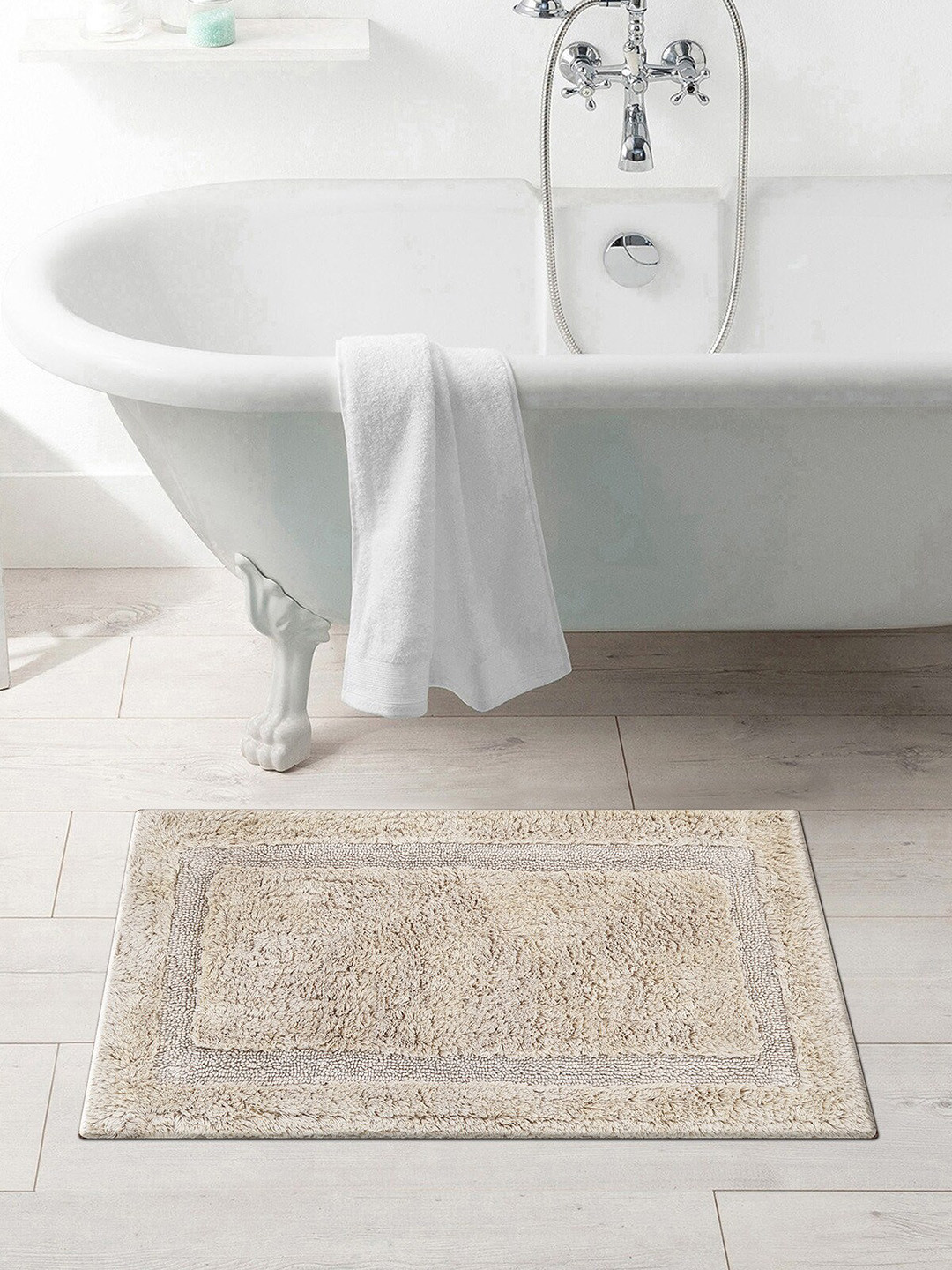 OBSESSIONS Beige Solid Pure Cotton Ozen Anti-Skid Bath Rug