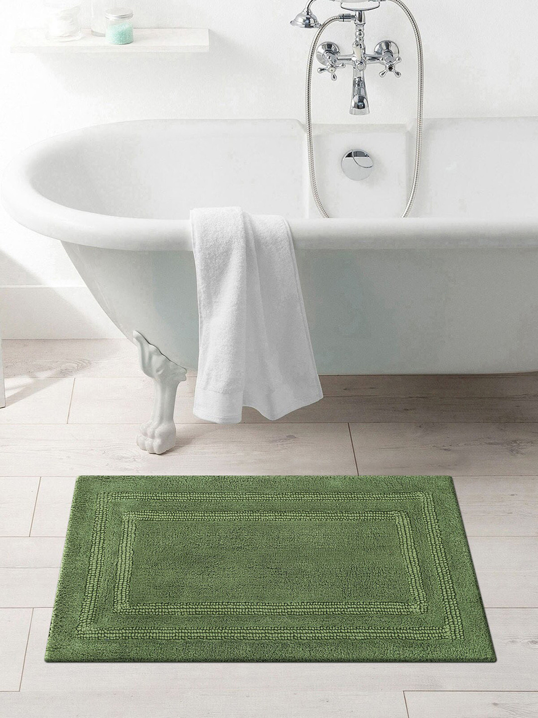 OBSESSIONS Olive Green Solid Pure Cotton Casanova Anti-Skid Bath Rug