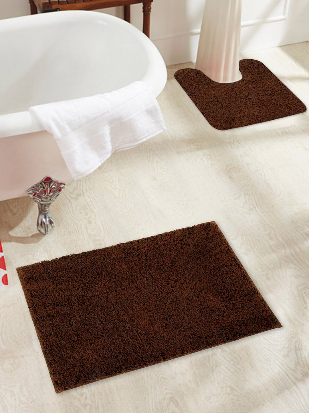 OBSESSIONS Brown Solid Anti-Skid Bath Rug With Contour Rug